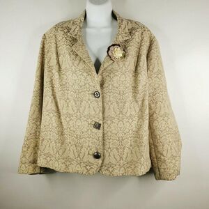 Vintage 80s Surrealist Taupe Beige Tapestry Swing Coat Sz 2 Floral Fabric Brooch